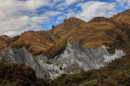 Bamei stone forest, exotic pillars of gray stone situated in the grasslands of Sichuan Province,...