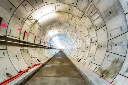 LONDON, 10 APRIL 2015: Section of new rail tunnel, under construction for the London Crossrail Project at North Woolwich, London, England, UKのeditorial素材