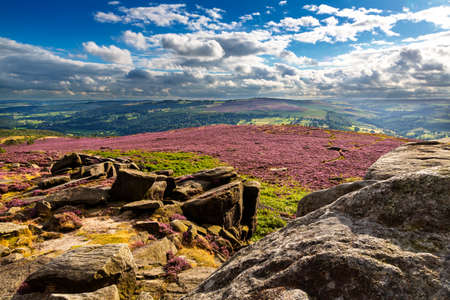 View from Hathersage Moor in Peak District National Park, Derbyshire, England, UKの写真素材