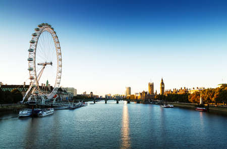 London Skyline landscape at Sunrise with Big Ben, Palace of Westminster, London Eye, Westminster Bridge, River Thames, London, England, UKのeditorial素材