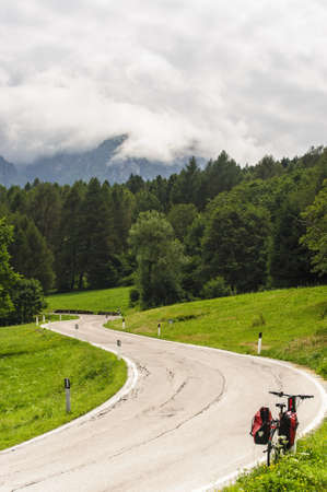 The road to Campo Carlo Magno  Trento, Trentino Alto Adige, Italy  at summer with bicycleの写真素材