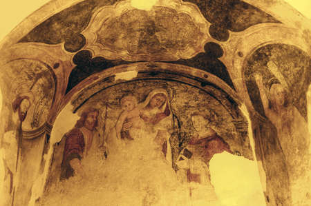 Malcesine  Verona, Veneto, Italy , ruined fresco with the Virgin Mary and her Childのeditorial素材