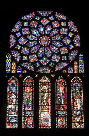 Chartres (Eure-et-Loir, Centre, France) - Interior of the cathedral in gothic style: stained glass window (circa 13th century)のeditorial素材