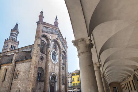 Crema (Cremona, Lombardy, Italy): facade of the cathedral, in Romanesque style, and porticoの写真素材