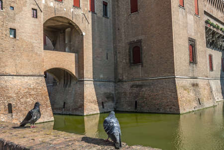 Ferrara (Emilia Romagna, Italy) - The famous medieval castle and two pigeonsのeditorial素材