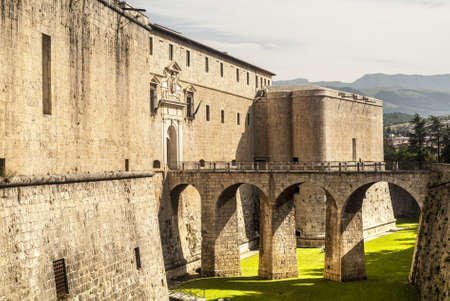 L'Aquila (Abruzzi, Italy) - Historic castle with bridge and moatのeditorial素材