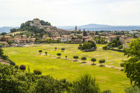 Panoramic view of Sarteano (Siena, Tuscany, Italy) in a morning summerの写真素材