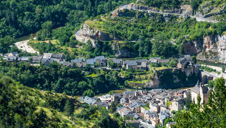 Sainte-Enimie, historic town on the Gorges du Tarn (Lozere, Languedoc-Roussillon, France) at summerの写真素材