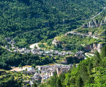 Sainte-Enimie, historic town on the Gorges du Tarn (Lozere, Languedoc-Roussillon, France) at summerの写真素材