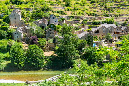 Gorges du Tarn (Lozere, Linguedoc-Roussillon, France), famous canyon at summer: historic villageの写真素材