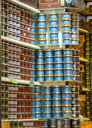 Uzes (Gard, Languedoc-Roussillon, France) - Old typical grocery store: shelf with boxes, bottles and cansのeditorial素材