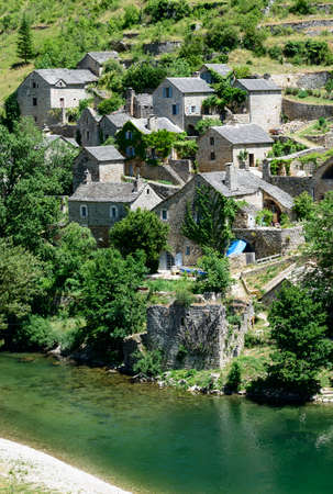 Gorges du Tarn (Lozere, Linguedoc-Roussillon, France), famous canyon at summer: historic villageのeditorial素材