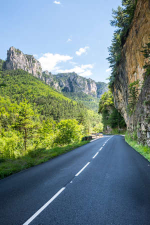 Gorges du Tarn (Lozere, Linguedoc-Roussillon, France), famous canyon at summer. The road and the mountains.の写真素材