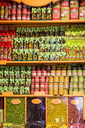 Pezenas (Herault, Languedoc-Roussillon, France), medieval city: sweets in a typical shopのeditorial素材