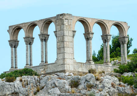 Landscape near Carcassonne (Languedoc-Roussillon, France) at summer, with ruins of a little templeの写真素材