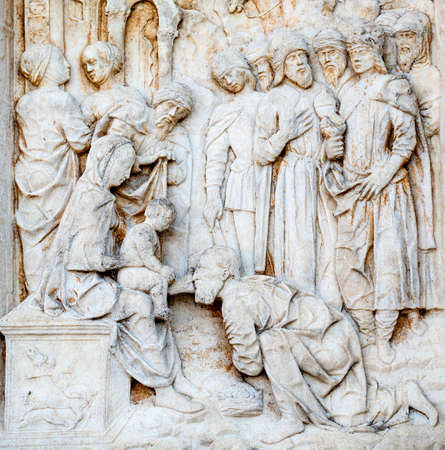 Certosa di Pavia (Lombardy, Italy), church of the historic abbey, detail of the facadeの写真素材