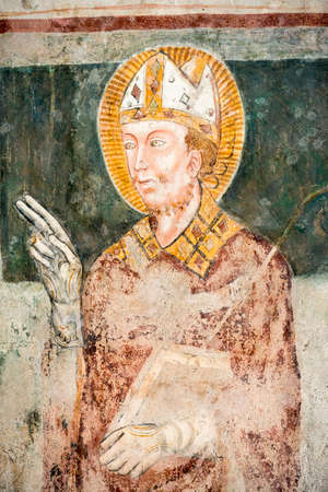 Agliate Brianza (Monza, Lombardy, Italy): interior of the medieval baptistery, in Romanesque style, built in the 10th century: painting made by an anonymous medieval painterのeditorial素材