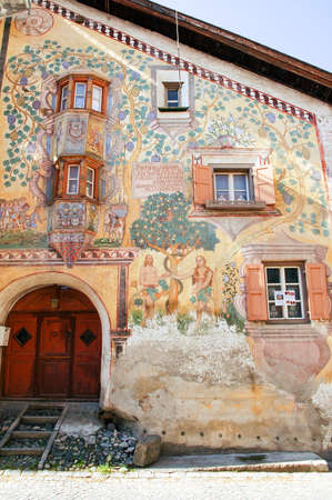 Ardez, typical village in Engadine (Graubunden, Switzerland): Chasa Claguna, historic house with...