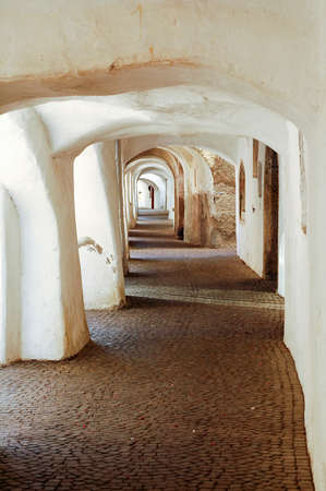 Glorenza (Glurns, Bolzano, Trentino Alto Adige, Italy): old typical porticoの写真素材