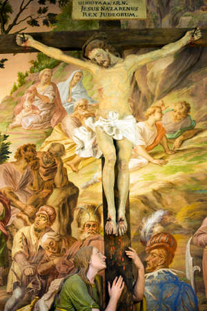 Interior of the Sanctuary of Varallino in Galliate (Novara, Piedmont, Italy), built in 15th century, with works by Dionigi Bussola (1615-1687), sculptor, and Lorenzo Peracino (1710-1789), painter. Crucifixionのeditorial素材