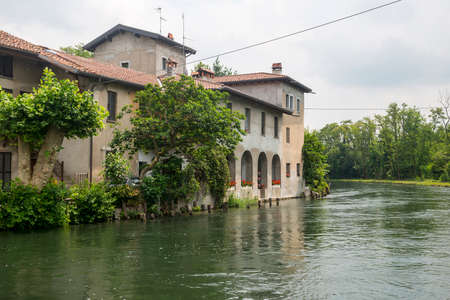 Naviglio Grande (Milan, Lombardy, Italy), old typical houses and the canalの写真素材