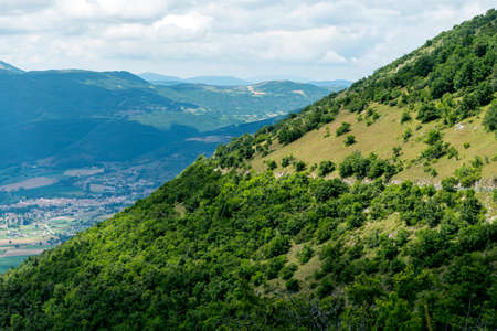 View on the plain of Norcia from the road to Forca Canapine (Perugia, Umbria, Italy), in the park of...
