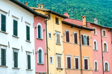 Visso (Macerata, Marches, Italy), historic buildings: colorful palacesの写真素材