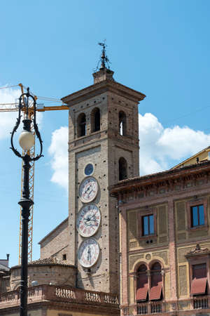 Tolentino (Macerata, Marches, Italy): historic tower with three clocksの写真素材