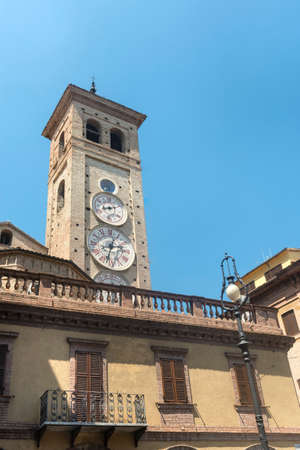 Tolentino (Macerata, Marches, Italy): historic tower with three clocksのeditorial素材