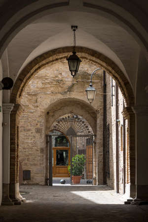 Cagli (Pesaro e Urbino, Marches, Italy), a typical old streetのeditorial素材