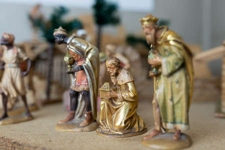 Christmas Nativity Scene: The Three Wise Men, wooden statues. Selective focus.のeditorial素材