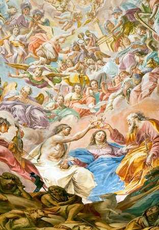 Interior of the Sanctuary of Varallino in Galliate (Novara, Piedmont, Italy), built in 15th century, with works by Dionigi Bussola (1615-1687), sculptor, and Lorenzo Peracino (1710-1789), painter. Frescos of the dome.のeditorial素材