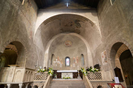 Agliate Brianza (Monza, Lombardy, Italy): interior of the medieval church, in Romanesque style, built in the 10th centuryのeditorial素材