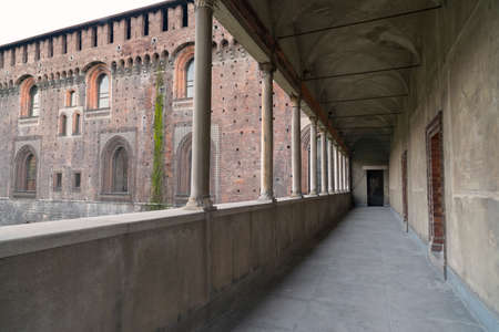 Milan (Lombardy, Italy), Castello Sforzesco, the medieval castle. Colonnade.のeditorial素材