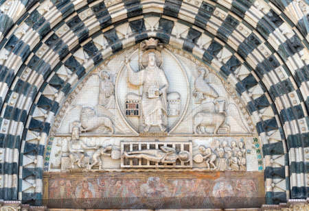 Genoa (Genova, Liguria, Italy): facade of the historic cathedral, detailの写真素材