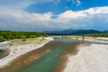 The Durance river near Manosque (Alpes-de-Haute-Provence, Provence-Alpes-Cote d'Azur, France) at...