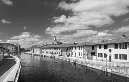 Gaggiano (Milan, Lombardy, Italy), historic town along the Naviglio Grande, at summer. Black and whiteの写真素材