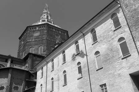 Pavia (Lombardy, Italy): historic buildings and dome of the cathedral. Black and whiteの写真素材
