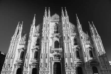 Duomo (Cathedral) of Milan (Lombardy, Italy), the facade. Black and whiteの写真素材