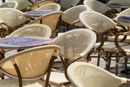 Limoux (Aude, Languedoc-Roussillon, France) - Chairs and tables of a bar. Outdoor.の写真素材