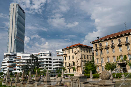 Modern and old buildings with a fountain in Milan (Lombardy, Italy): Citylife