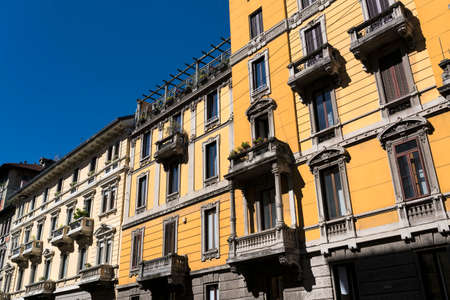 Facade of typical  residential buildings in Milan (Lombardy, Italy)の写真素材