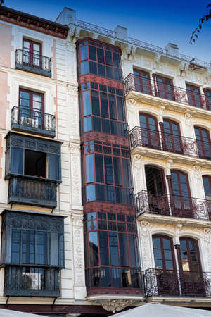 Toledo (Castilla-La Mancha, Spain): facade of historic building with balconies and verandas in the Zocodover squareのeditorial素材