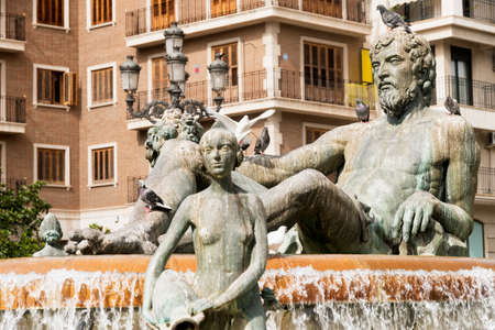 Valencia (Spain), historic fountain in plaza de la Virgen, representing the Turia riverの写真素材