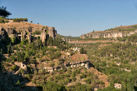 Cuenca (Castilla-La Mancha, Spain), mountain landscape with old buildings and ruinsの写真素材