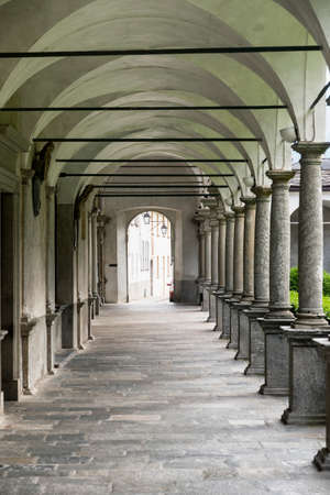 Chiavenna (Sondrio, Lombardy, Italy): cloister of the historic collegiata of San Lorenzoの写真素材