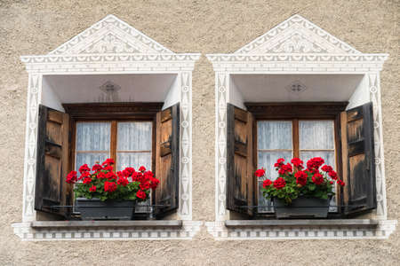 Breagaglia (Grigioni, Graubunden, Switzerland): historic village on the road to Maloja. Two windows...