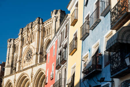 Cuenca (Castilla-La Mancha, Spain), facade of the medieval cathedral, in gothic style, and colorful...