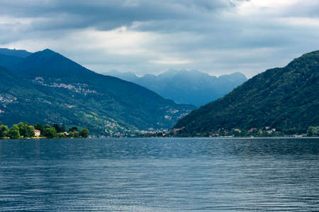 Lake of Lugano (Ceresio): Morcote (Ticino, Switzerland) seen from the Italian coastの写真素材