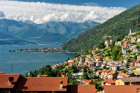 View of Bellano (Lecco, Lombardy, Italy) and the lake of Como (Lario) at summerの写真素材